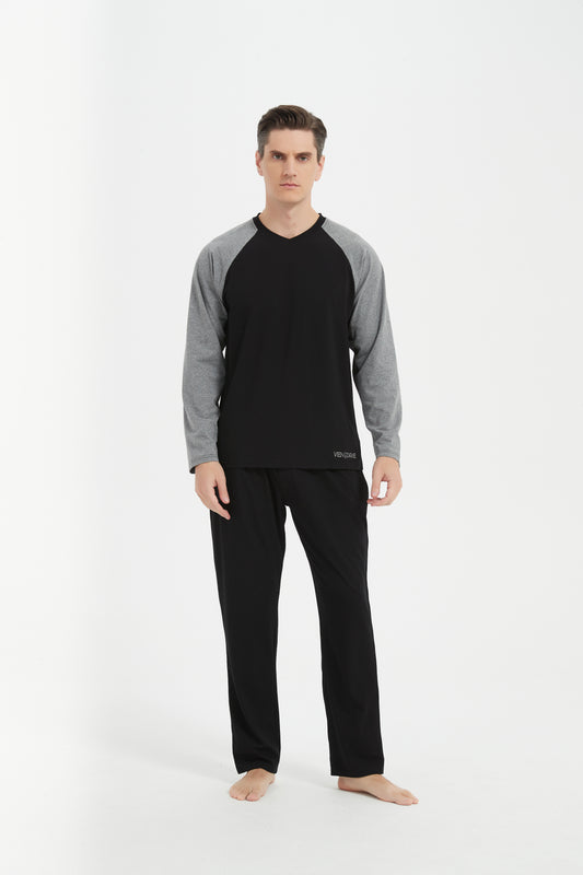 Dark Grey-Black V-Neck Pajama Set