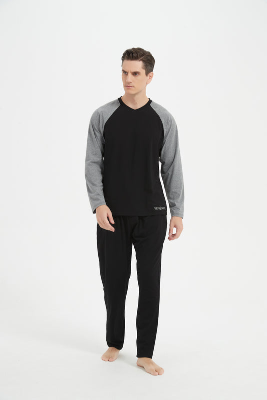 Dark Grey-Black V-Neck Pajama Set