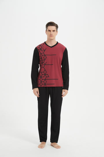 Maroon-Black Pattern V-Neck Pajama Set