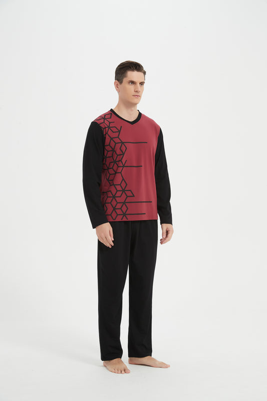 Maroon-Black Pattern V-Neck Pajama Set