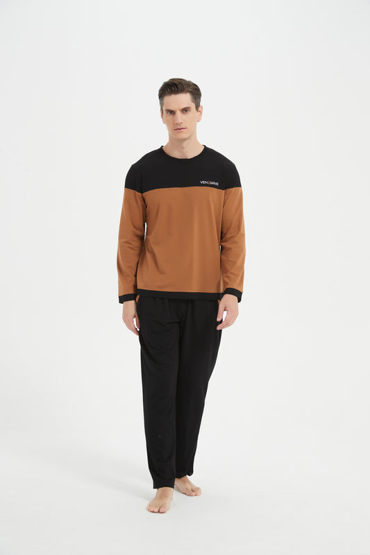 Black-Brown Crew Neck Pajama Set