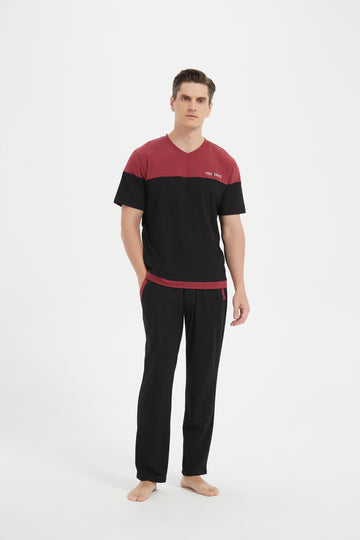 Maroon-Black Short Sleeve V-Neck Pajama Set