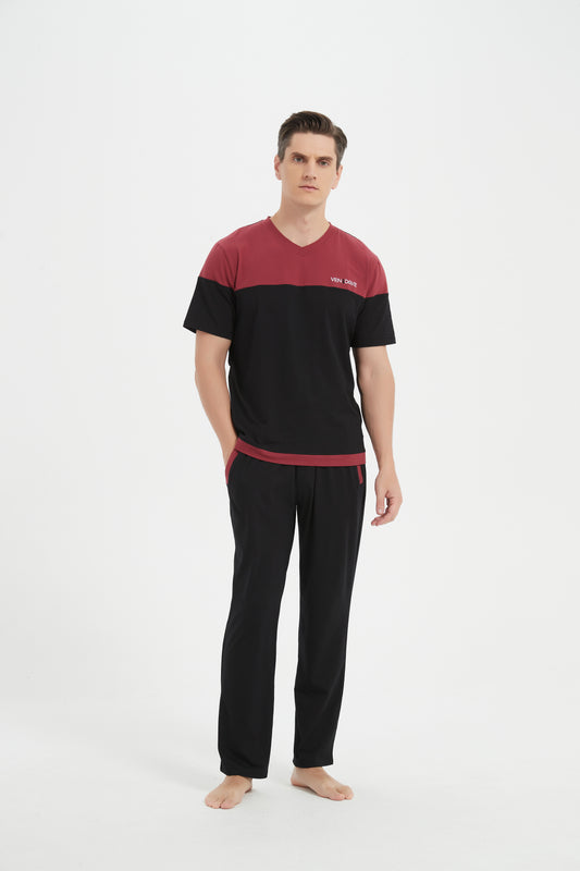 Maroon-Black Short Sleeve V-Neck Pajama Set