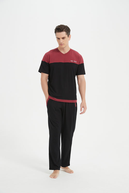 Maroon-Black Short Sleeve V-Neck Pajama Set