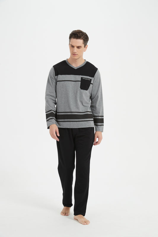 Gray-Black Line V-Neck Pajama Set