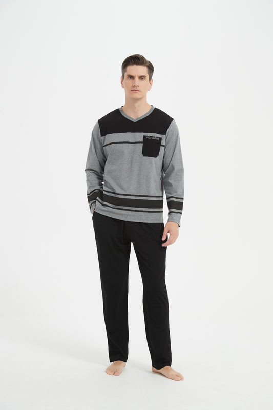 Gray-Black Line V-Neck Pajama Set