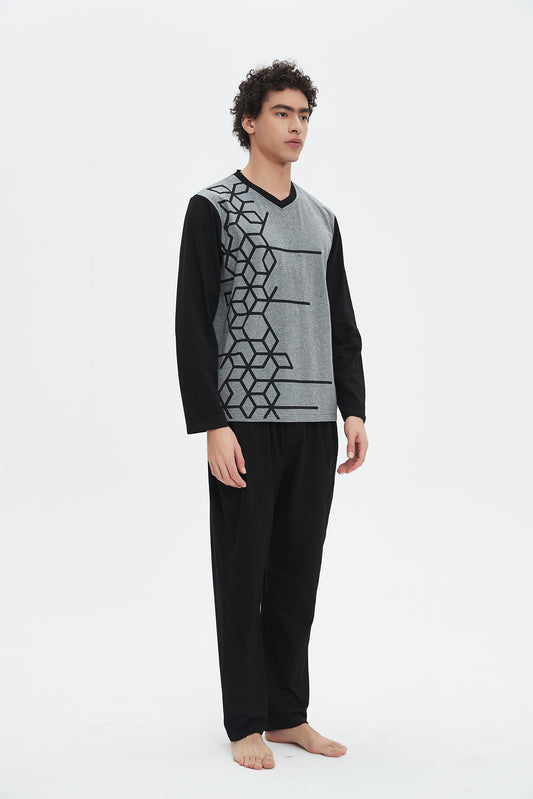 Gray-Black Pattern V-Neck Pajama Set