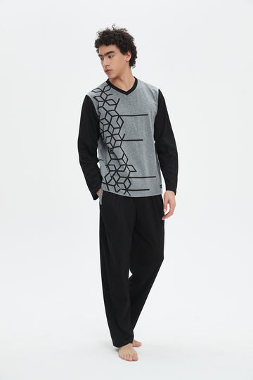 Gray-Black Pattern V-Neck Pajama Set