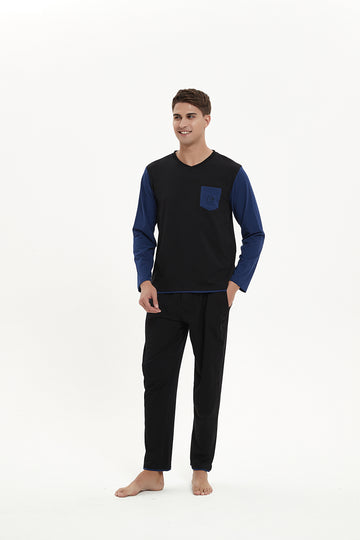 Black-Navy Blue Trim V-Neck Pajama Set