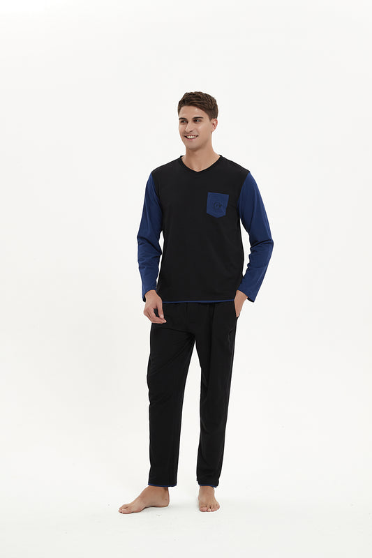 Black-Navy Blue Trim V-Neck Pajama Set
