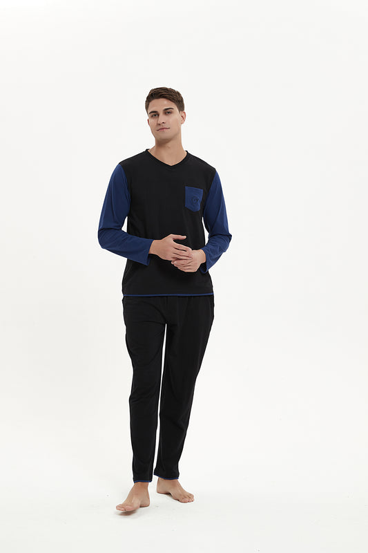 Black-Navy Blue Trim V-Neck Pajama Set