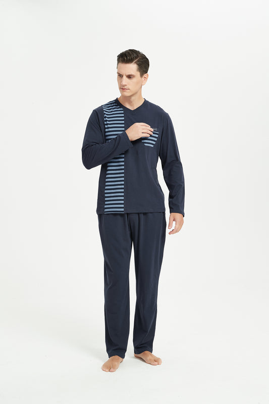 Navy-Blue Stripe V-Neck Pajama Set