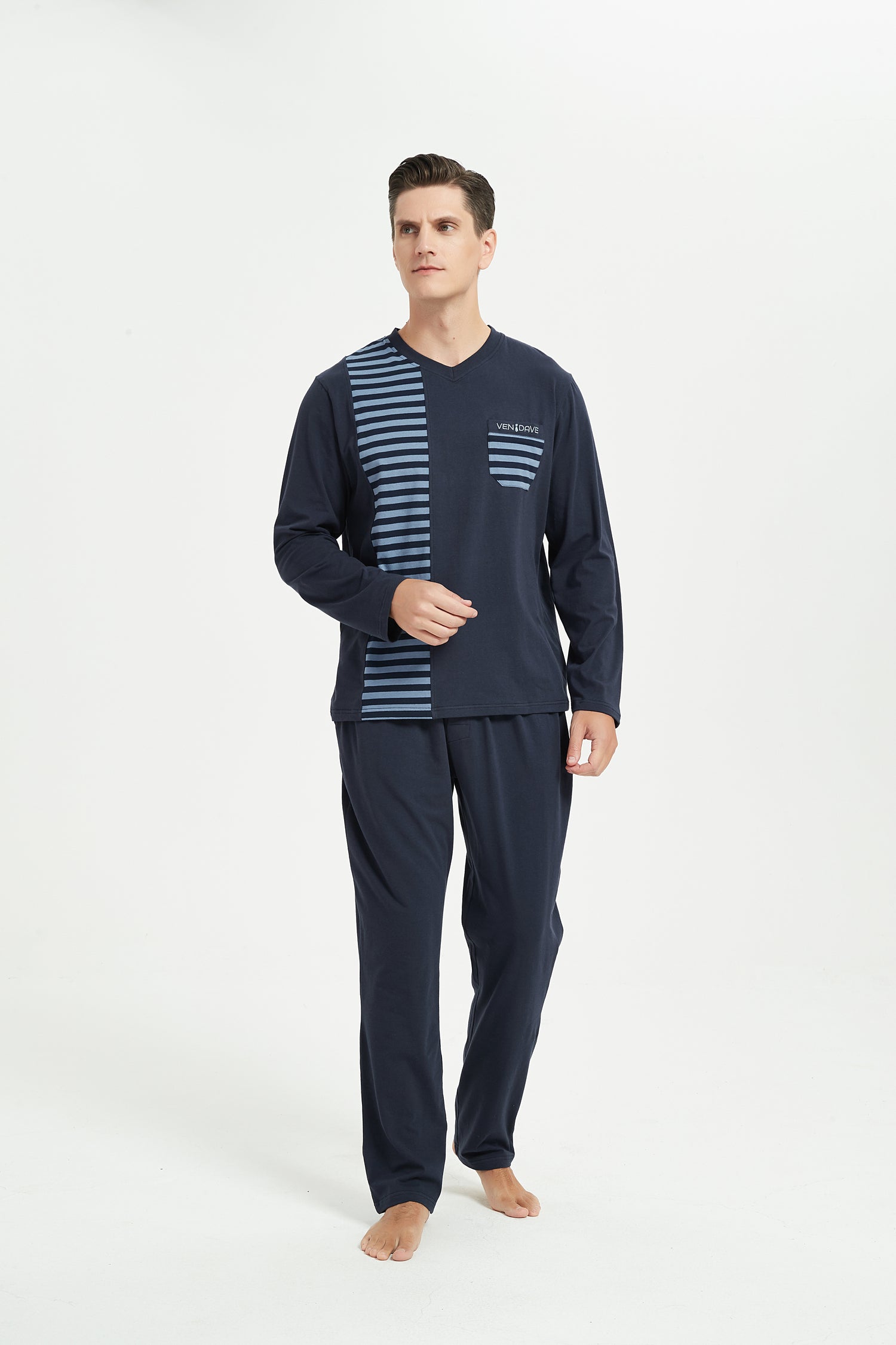 Navy-Blue Stripe V-Neck Pajama Set