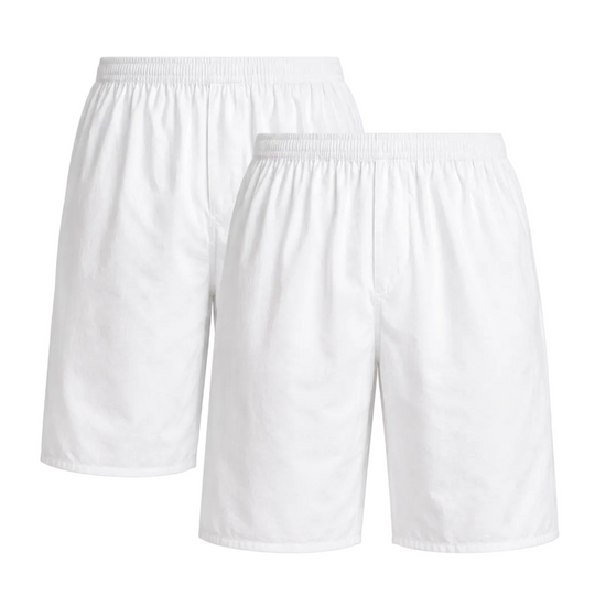 Two pairs of white athletic shorts with elastic waistbands, displayed against a plain white background.