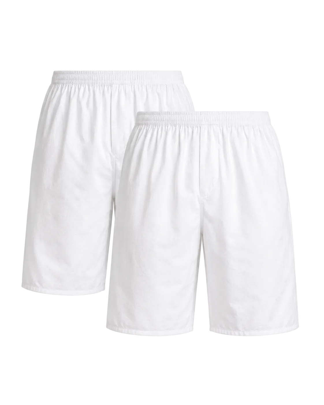Two pairs of white athletic shorts with elastic waistbands, displayed against a plain white background.