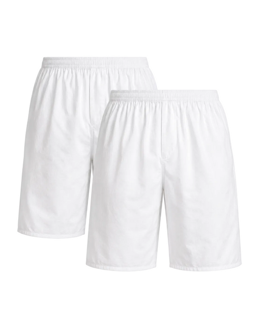 Two pairs of white athletic shorts with elastic waistbands, displayed against a plain white background.