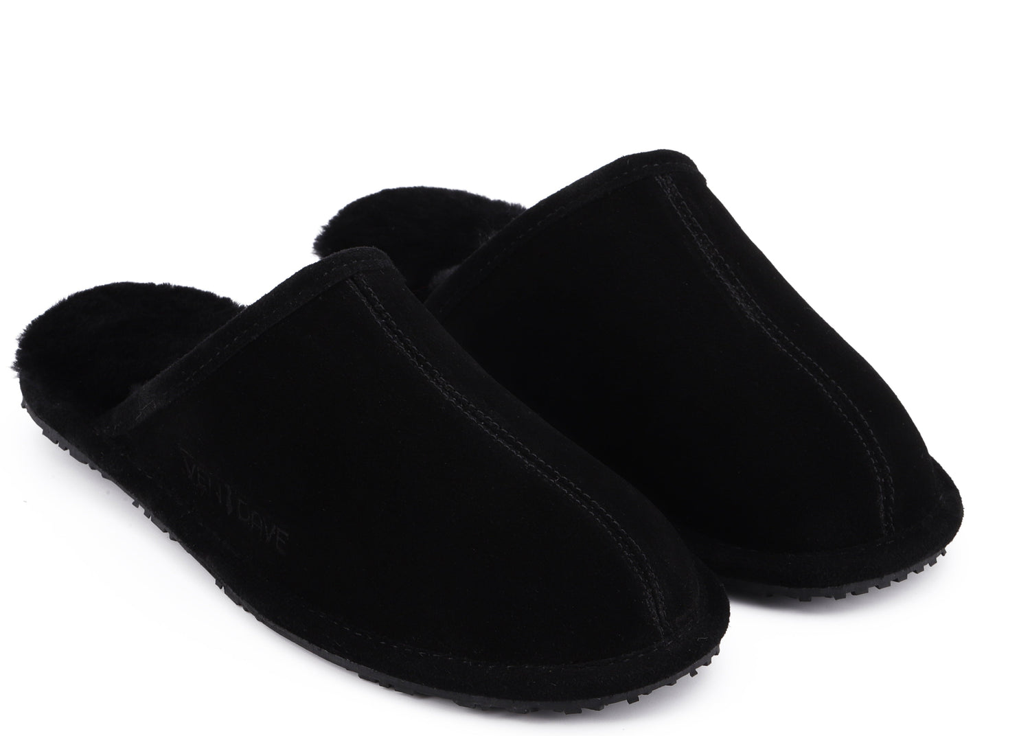 A pair of black slip-on slippers with a soft, plush fleece interior, shown on a plain white background.