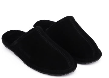 A pair of black slip-on slippers with a soft, plush fleece interior, shown on a plain white background.