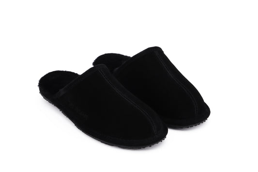 100% Genuine Leather & Sheep Fur Slippers Black