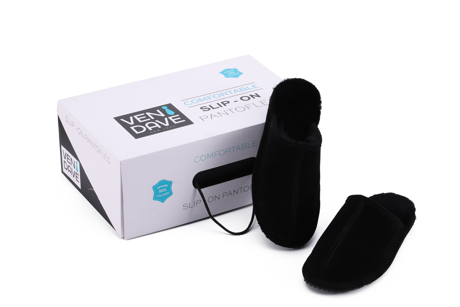 100% Genuine Leather & Sheep Fur Slippers Black
