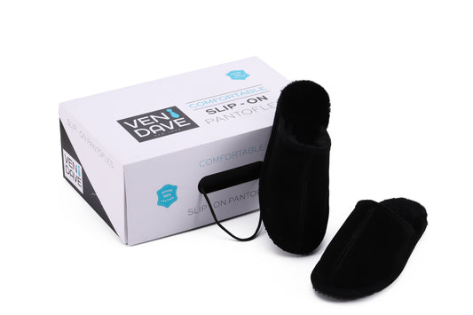 100% Genuine Leather & Sheep Fur Slippers Black