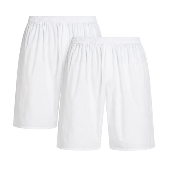 Two pairs of white athletic shorts with elastic waistbands, displayed against a plain white background.