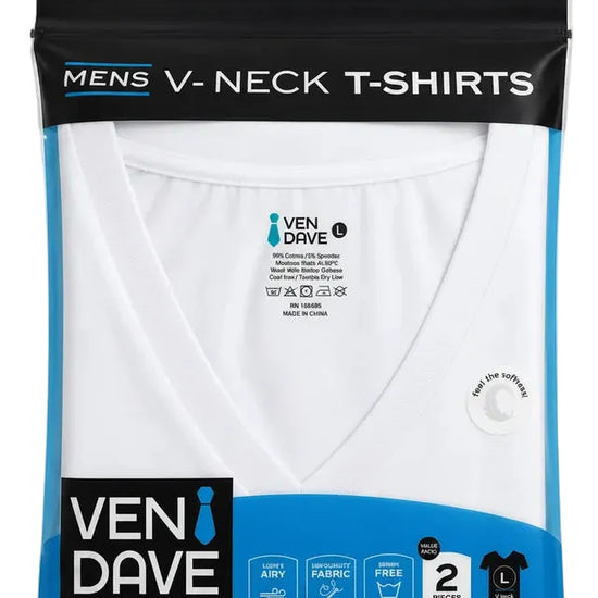 A packaged white V-neck t-shirt by Ven Dave, shown in its retail hang bag with a black top header and blue lower section. The packaging text reads 'MENS V-NECK T-SHIRTS' and shows the Ven Dave brand.