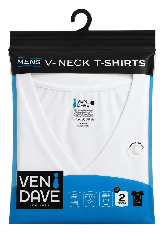A packaged white V-neck t-shirt by Ven Dave, shown in its retail hang bag with a black top header and blue lower section. The packaging text reads 'MENS V-NECK T-SHIRTS' and shows the Ven Dave brand.