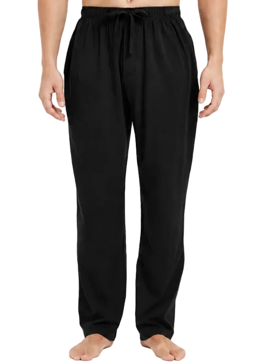 Black drawstring lounge pants worn by a model, shown from the waist down against a plain white background.